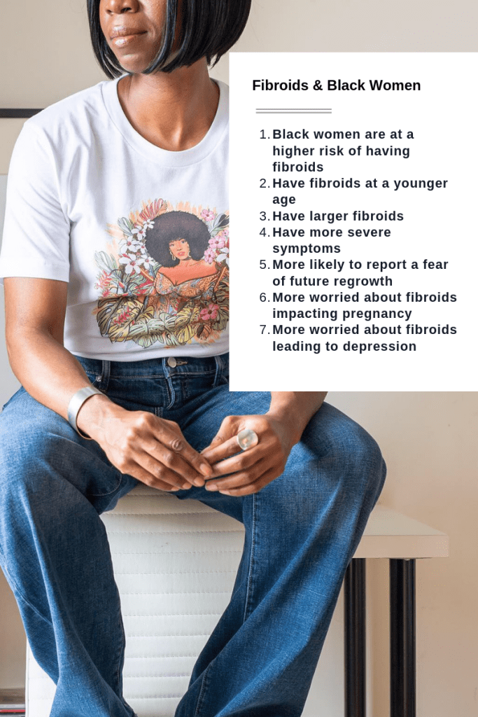 photo of a black woman in a graphic tee shirt of a black woman with an afro. The text includes Fibroid and black women and lists seven factors.