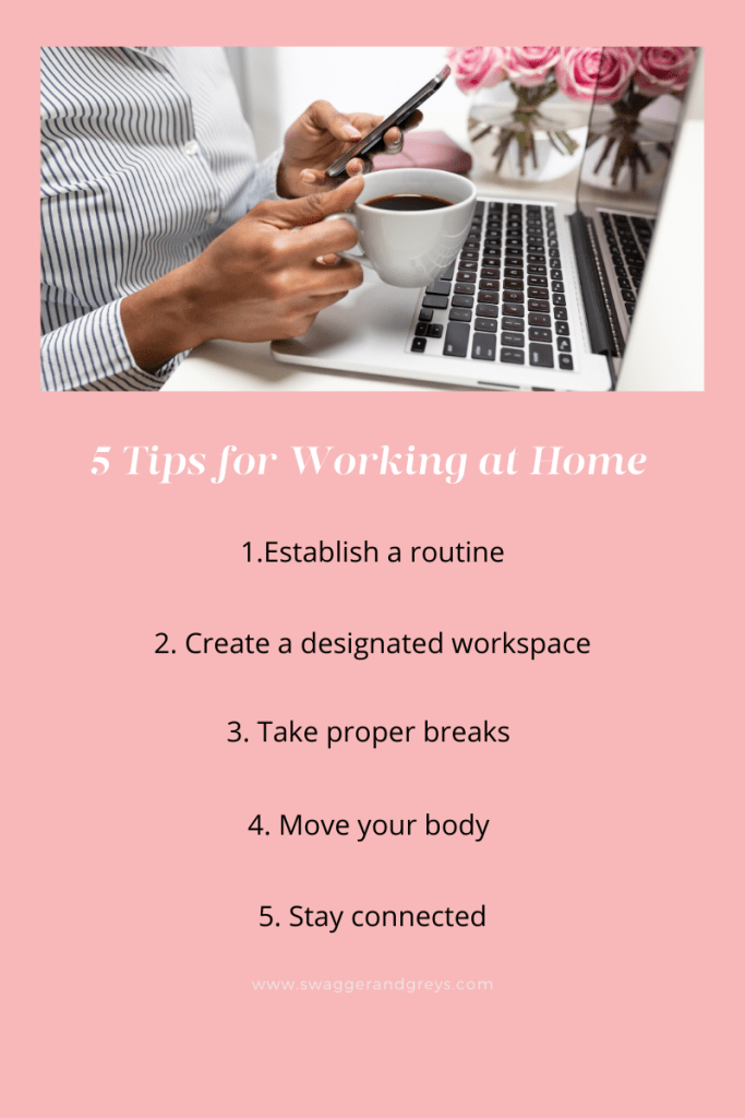 Numbered List of five tips for working from home set against a pink background