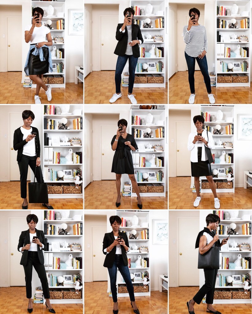 collage of a black woman wearing nine different casual outfits